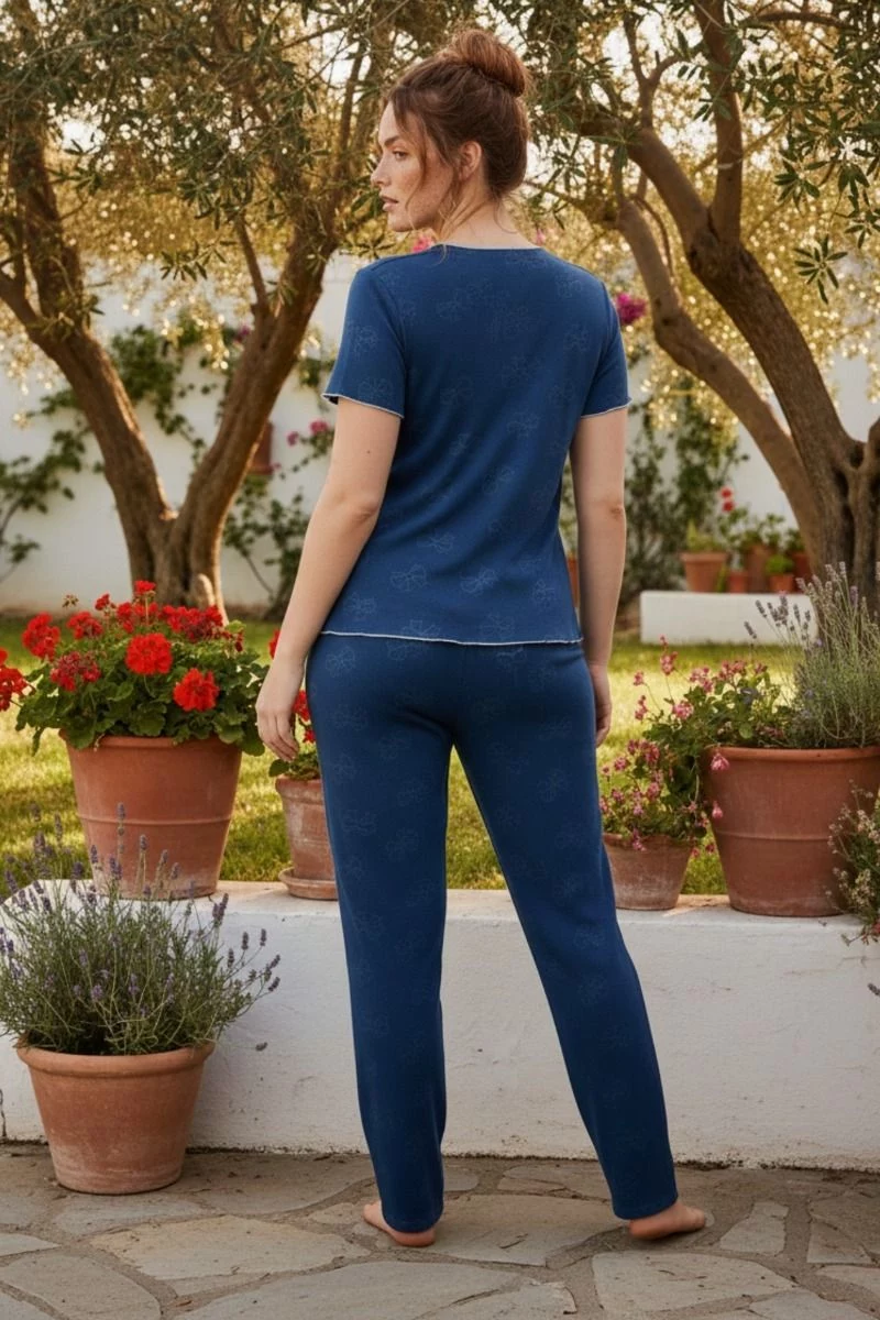 Πιτζάμα Plus Size καλοκαιρινή με φιογκάκια πετρόλ χρώμα βισκόζη