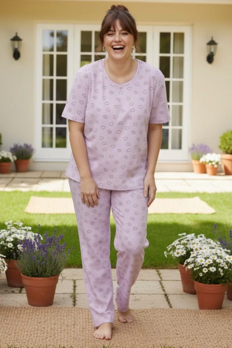 Γυναικεία Plus Size Πιτζάμα καλοκαιρινή ριπ λιλά με καρδούλες