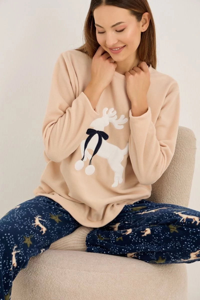 Γυναικεία Πιτζάμα Fleece χειμωνιάτικη μπλε με μπεζ και ταράνδους