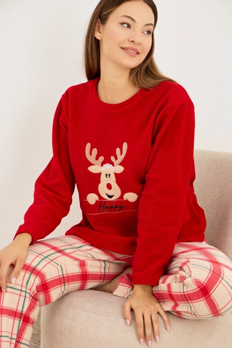 Γυναικεία Πιτζάμα Fleece χειμωνιάτικη εκρού με κόκκινο καρό και τάρανδο