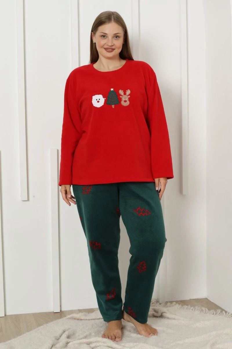 Πιτζάμα Plus Size Fleece κόκκινο με πράσινο και χριτουγεννιάτικα σχέδια