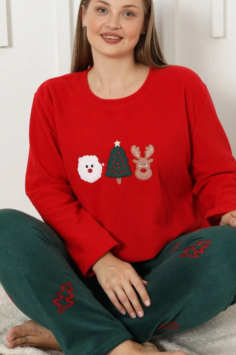 Πιτζάμα Plus Size Fleece κόκκινο με πράσινο και χριτουγεννιάτικα σχέδια