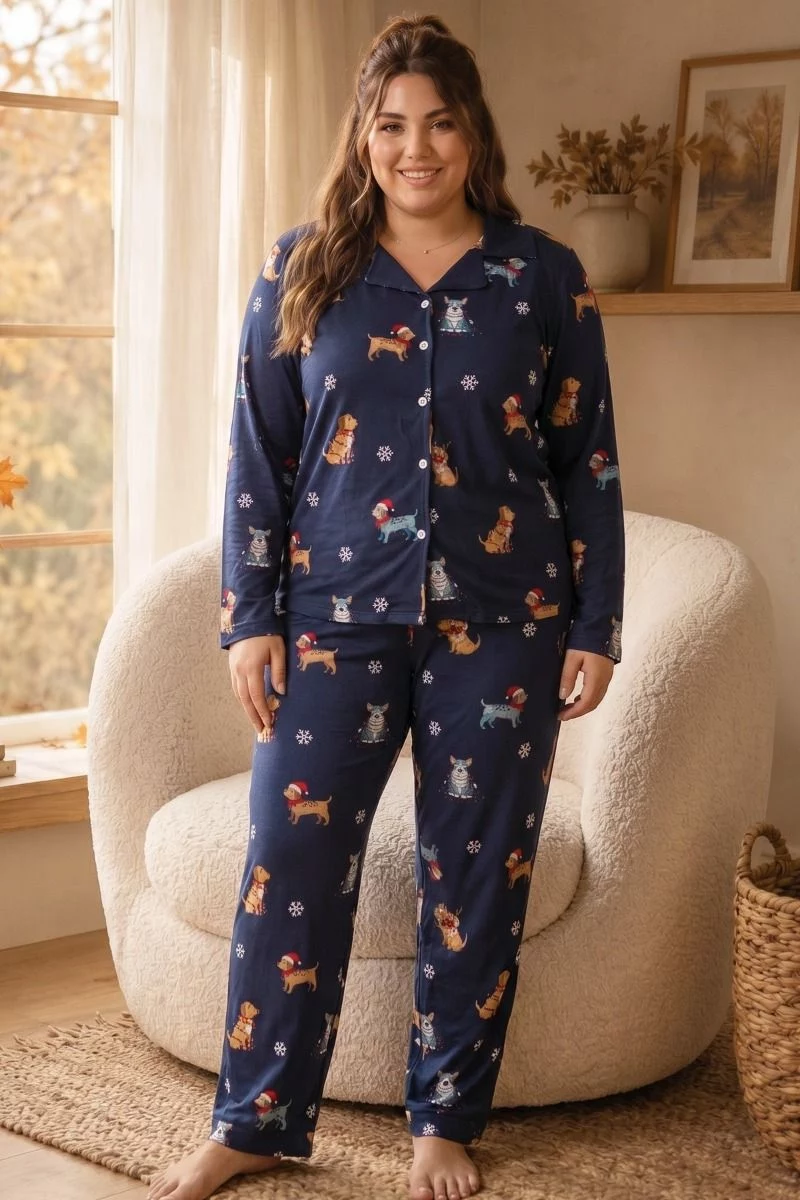 Γυναικεία Πιτζάμα Plus Size Thermal SOFT μπλε χριστουγεννιάτικη