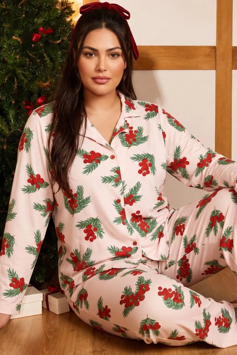 Γυναικεία Πιτζάμα Plus Size Thermal χειμωνιάτικη εκρού χριστουγεννιάτικη