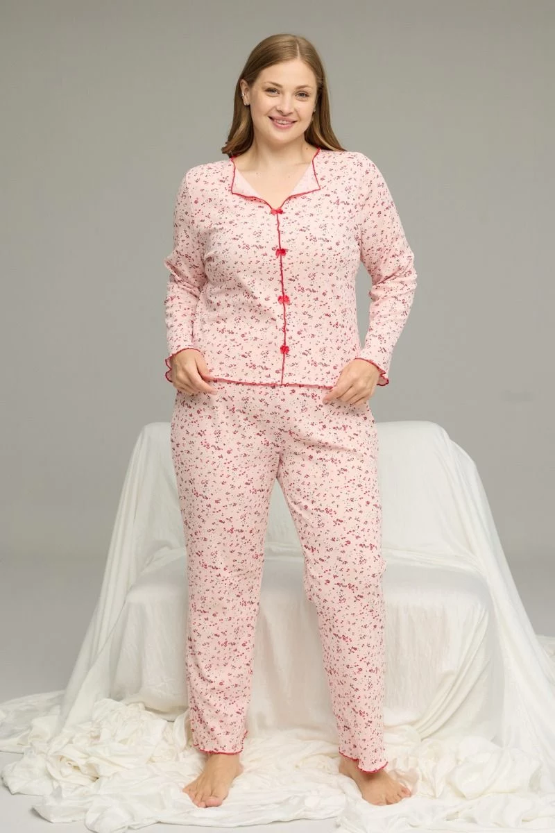 Γυναικεία Χειμωνιάτικη Πιτζάμα plus size "siyah inci" ροζ με φιογκάκια