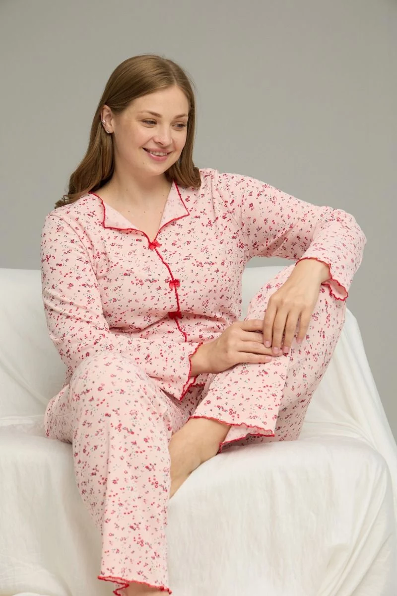 Γυναικεία Χειμωνιάτικη Πιτζάμα plus size "siyah inci" ροζ με φιογκάκια