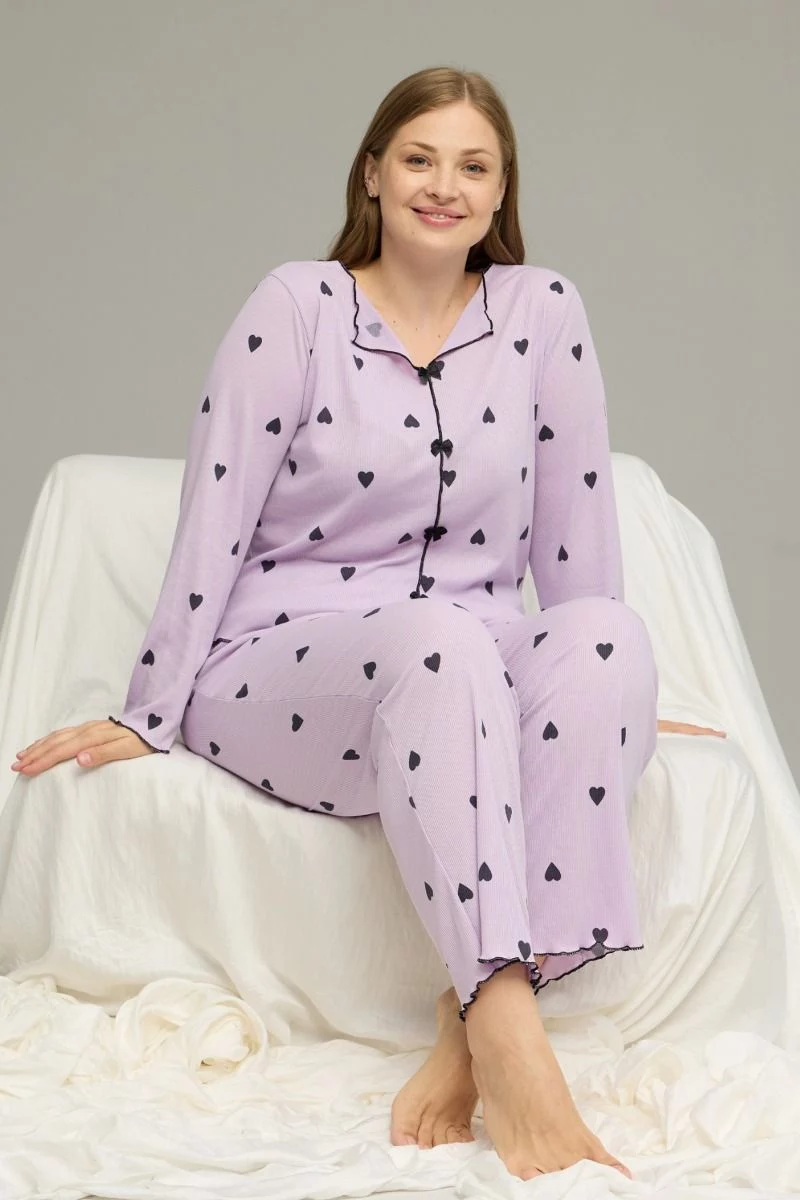 Γυναικεία Χειμωνιάτικη Πιτζάμα plus Size μοβ χρώμα με φιογκάκια