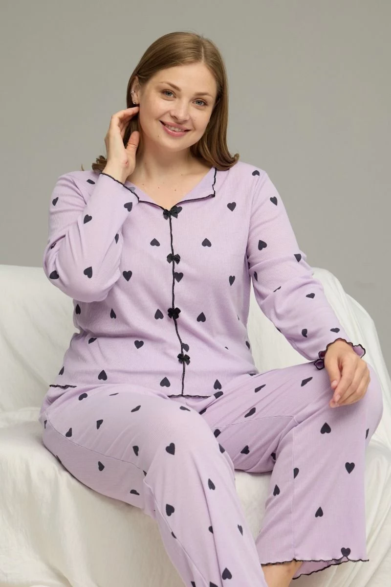 Γυναικεία Χειμωνιάτικη Πιτζάμα plus Size μοβ χρώμα με φιογκάκια