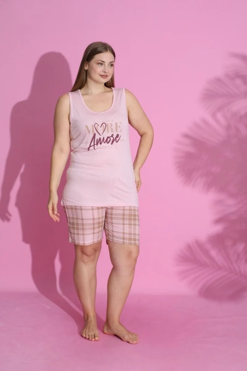 Πιτζάμα Plus Size Σορτσάκι καρό "PijaMood" με σχέδιο αμάνικη