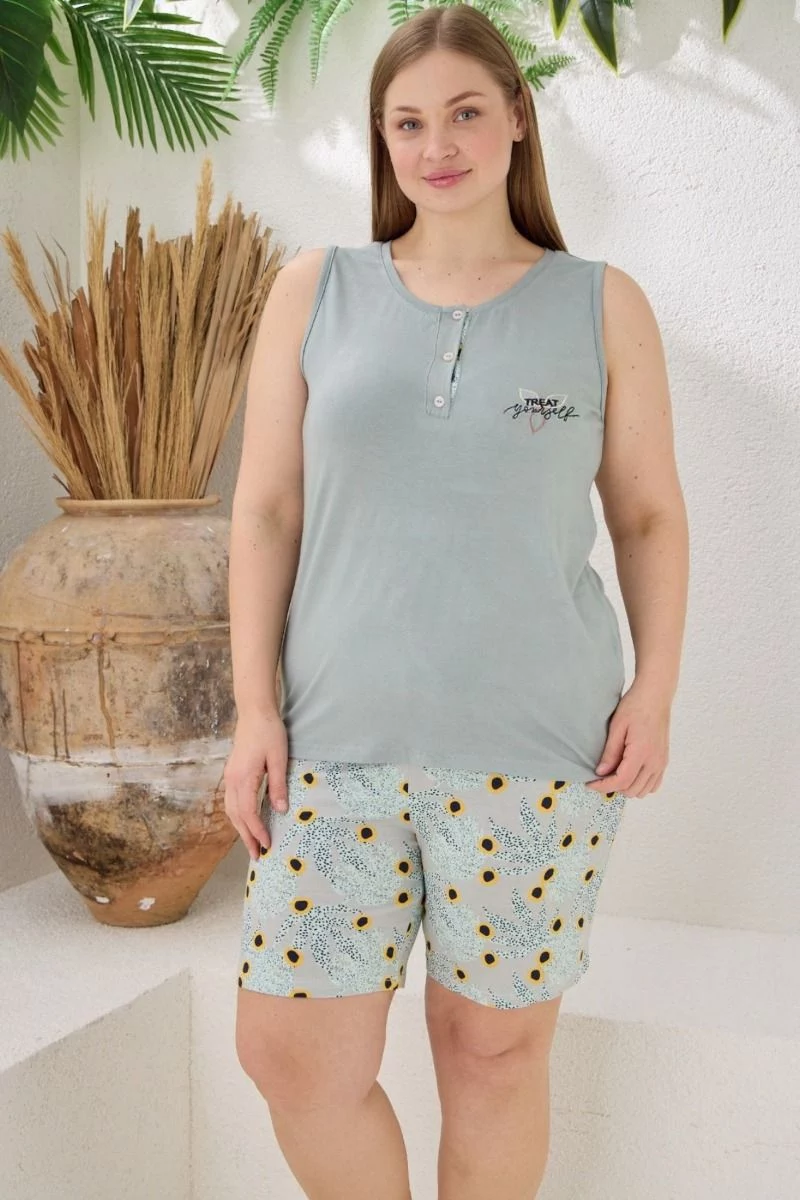 Πιτζάμα Plus Size Σορτσάκι λουλούδια "Modalove" αμάνικη με κουμπάκια 