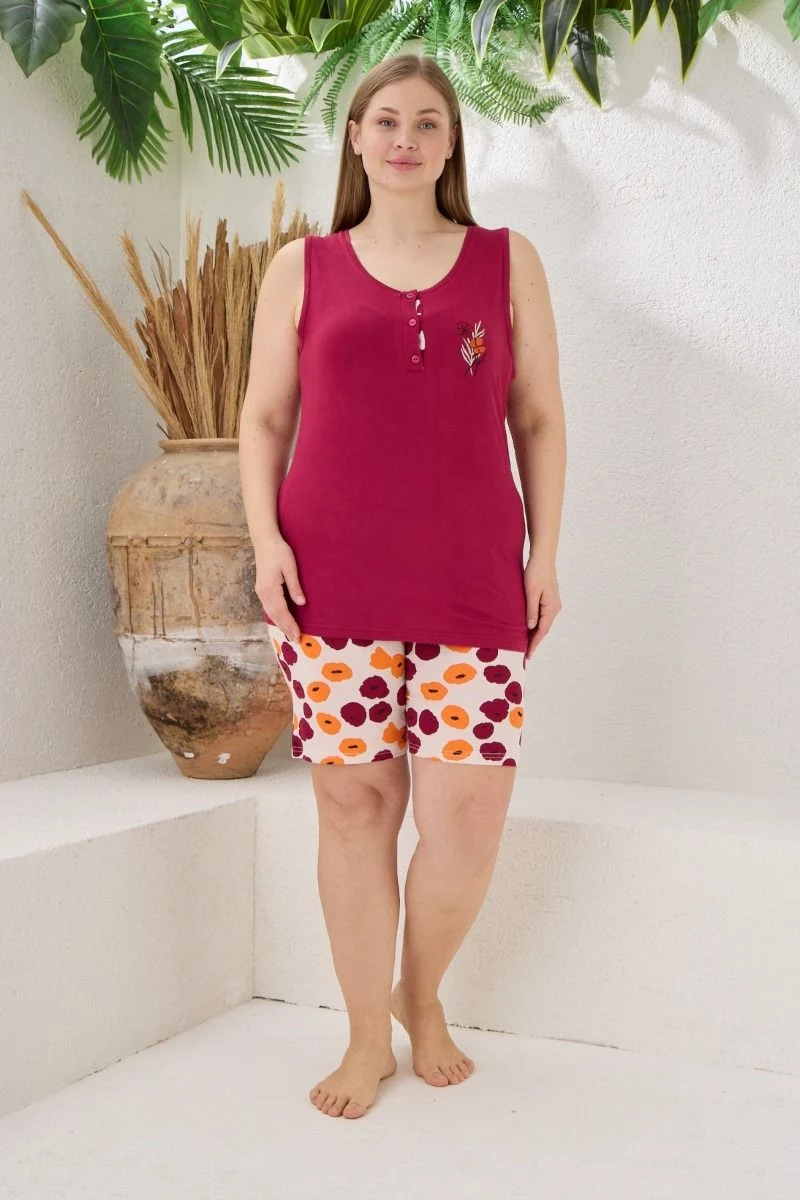 Πιτζάμα Plus Size Σορτσάκι "Modalove" αμάνικη λουλούδια και κουμπάκια