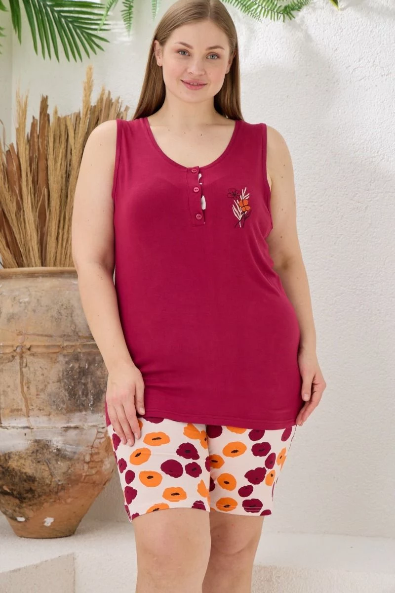 Πιτζάμα Plus Size Σορτσάκι "Modalove" αμάνικη λουλούδια και κουμπάκια