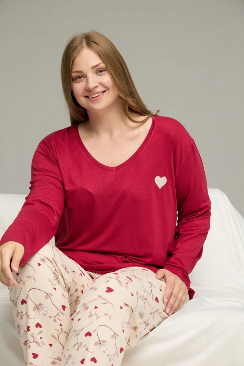 Γυναικεία Πιτζάμα Plus Size εμπριμέ παντελόνι μπορντό με μπεζ χρώμα