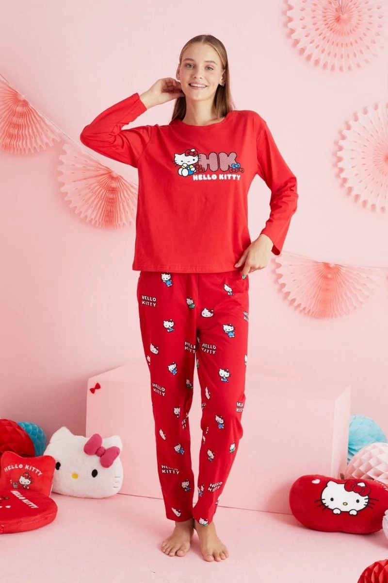  Γυναικεία Πιτζάμα με σχέδιο hello kitty μαμά και κόρη κόκκινη