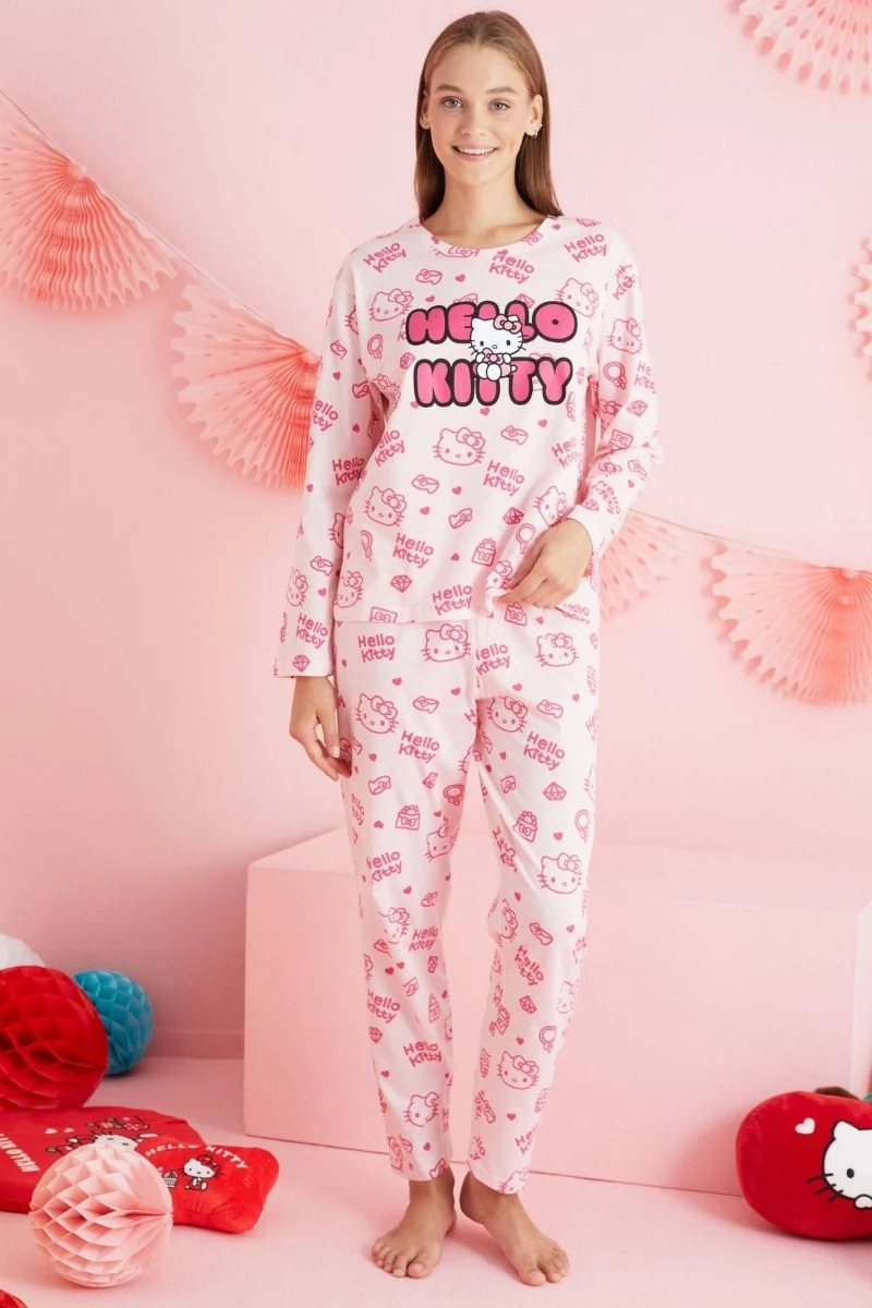  Γυναικεία Πιτζάμα με σχέδιο hello kitty μαμά και κόρη ροζ 