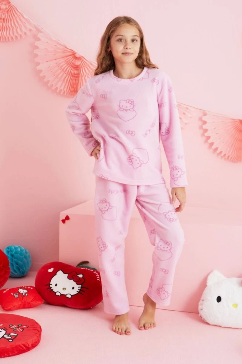 Κοριτσίστικη Πιτζάμα φλις ροζ χρώμα hello kitty σχέδιο