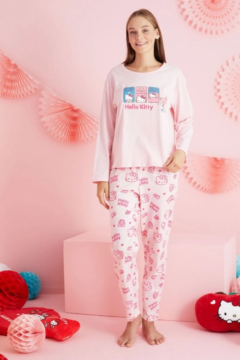 Γυναικεία Πιτζάμα με σχέδιο hello kitty μαμά και κόρη ροζ