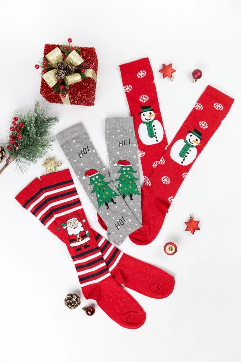 Γυναικείες χριστουγεννιάτικες κάλτσες knee high Design HO HO HO 3 ζευγάρια