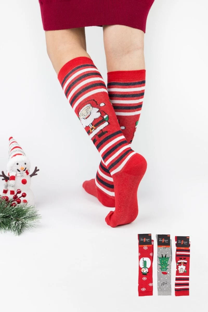Γυναικείες χριστουγεννιάτικες κάλτσες knee high Design HO HO HO 3 ζευγάρια