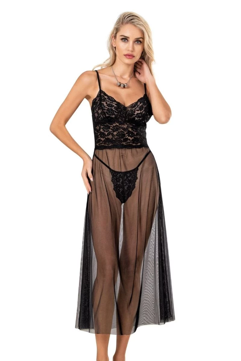Γυναικείο maxi baby doll με string σε μαύρο χρώμα 
