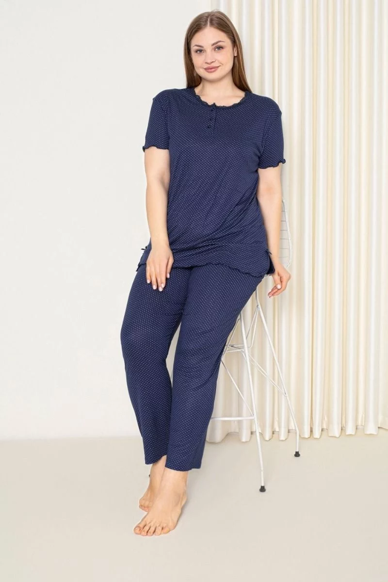 Γυναικεία πιτζάμα plus size καλοκαιρινή σκούρο μπλε κοντομάνικη  