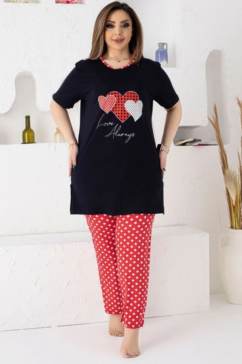 Γυναικεία πιτζάμα plus size κοντομάνικη βισκόζη μαύρο κόκκινο