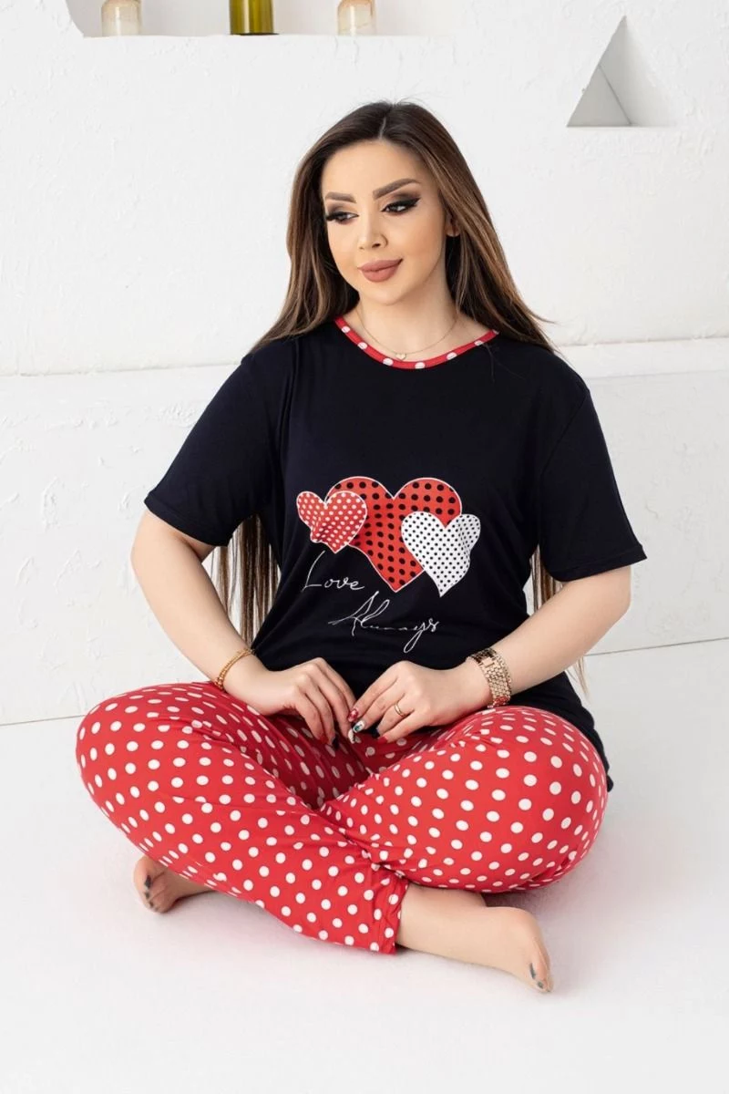 Γυναικεία πιτζάμα plus size κοντομάνικη βισκόζη μαύρο κόκκινο