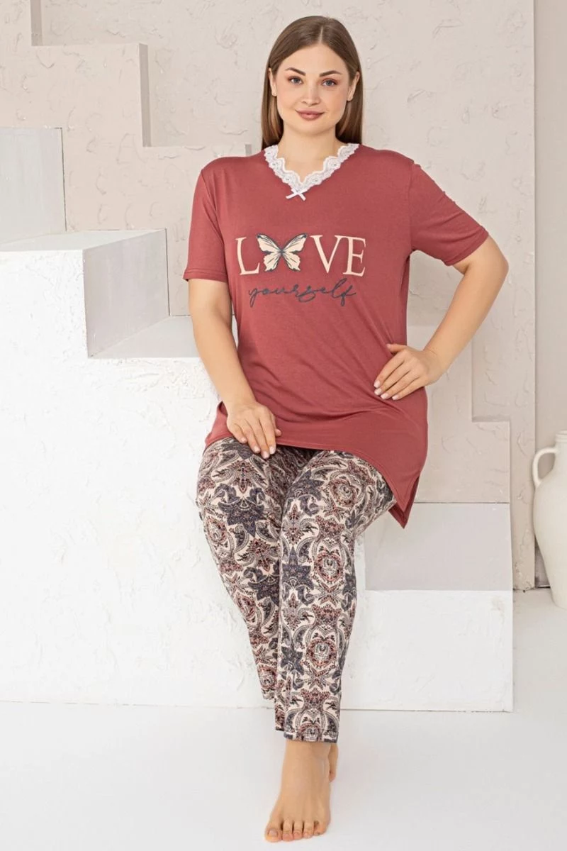 Γυναικεία πιτζάμα plus size κοντομάνικη βισκόζη εμπριμέ 