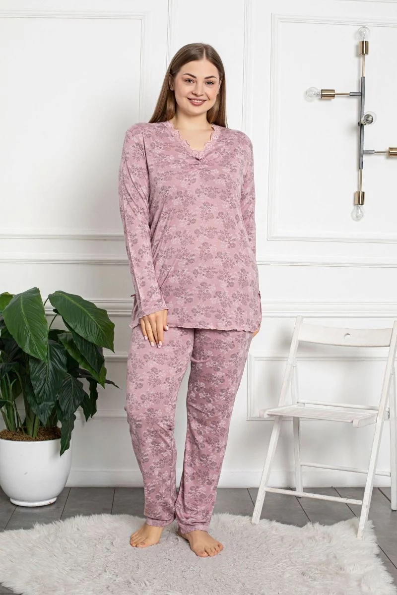 Γυναικεία πιτζάμα plus size μακρυμάνικη βισκόζη απαλό ροζ