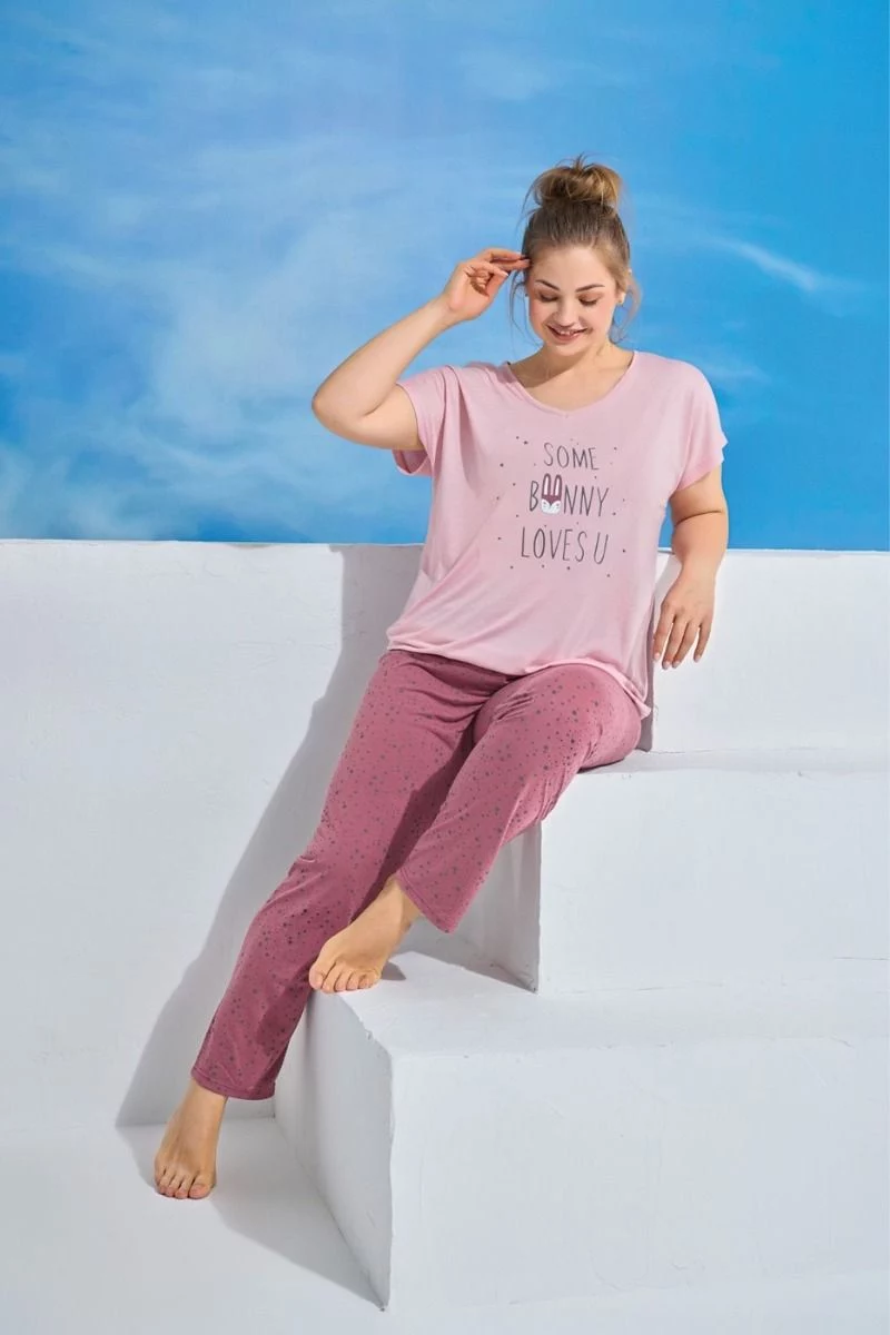 Γυναικεία πιτζάμα plus size καλοκαιρινή κοντομάνικη ροζ