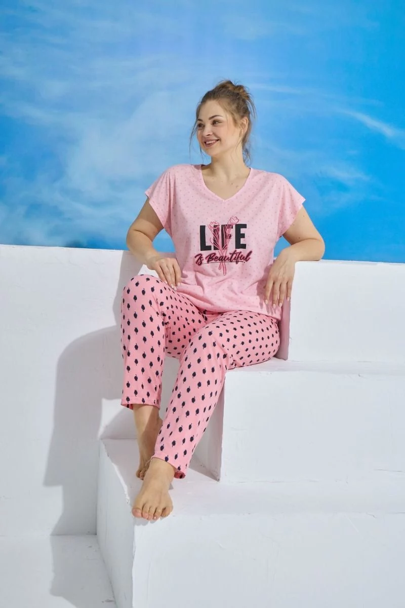 Γυναικεία πιτζάμα plus size κοντομάνικη ροζ χρώμα