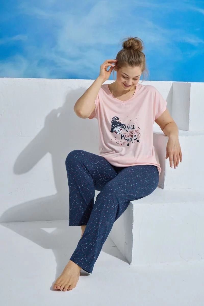 Γυναικεία πιτζάμα plus size καλοκαιρινή σκούρο μπλε ροζ 