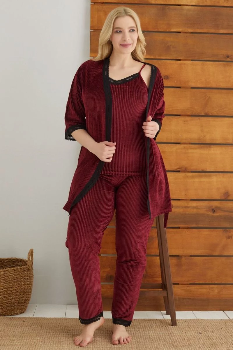 Γυναικεία velvet πιτζάμα plus size με ρόμπα siyah inci BORDO