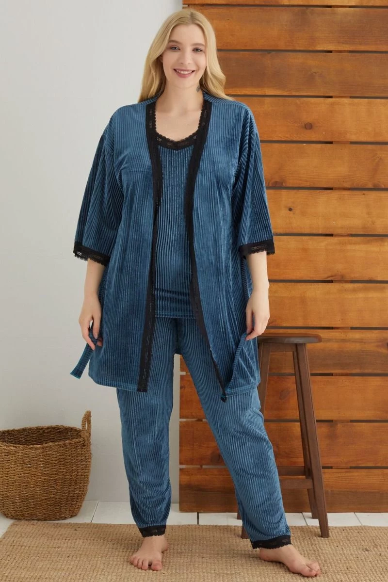 Γυναικεία velvet πιτζάμα plus size με ρόμπα "siyah inci" PETROL