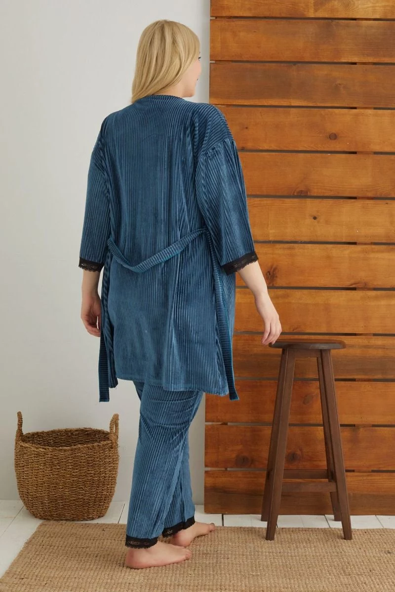 Γυναικεία velvet πιτζάμα plus size με ρόμπα "siyah inci" PETROL
