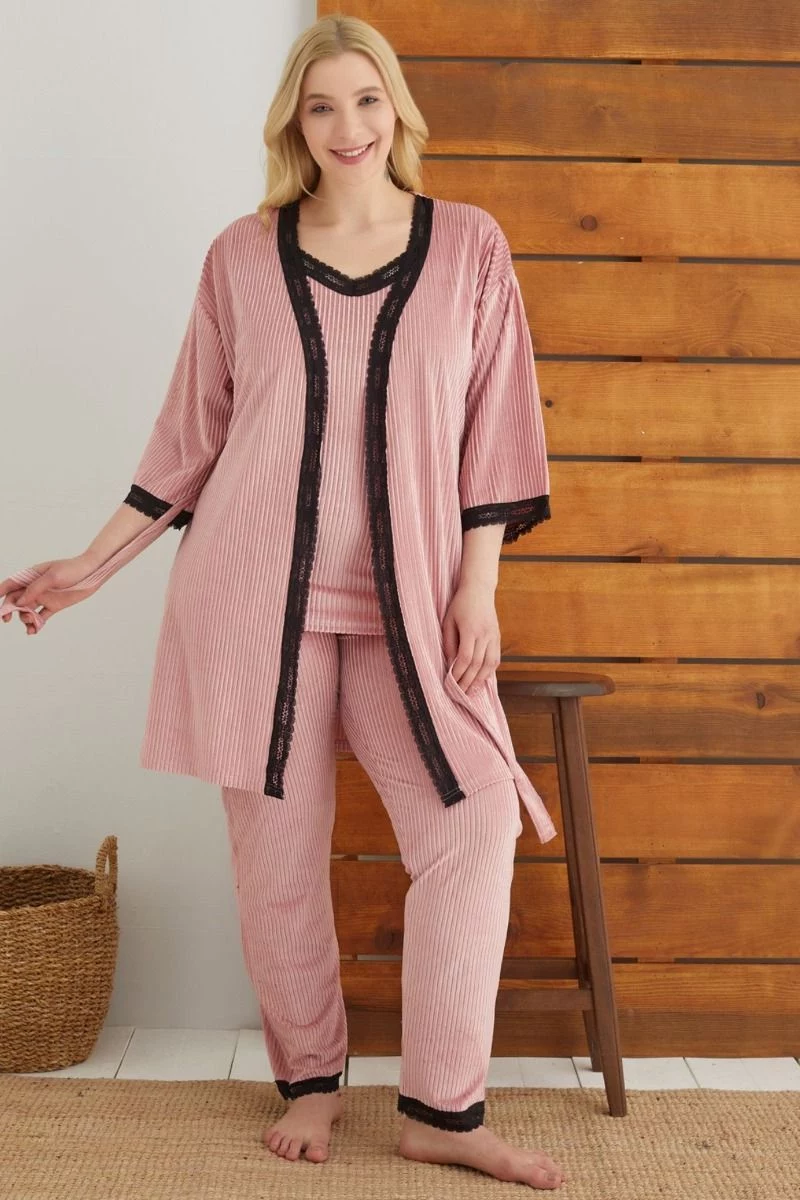 Γυναικεία velvet πιτζάμα plus size με ρόμπα siyah inci PINK