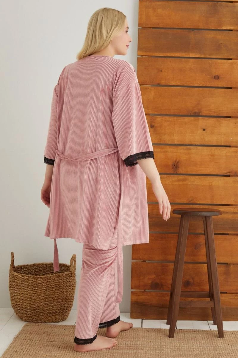 Γυναικεία velvet πιτζάμα plus size με ρόμπα siyah inci PINK