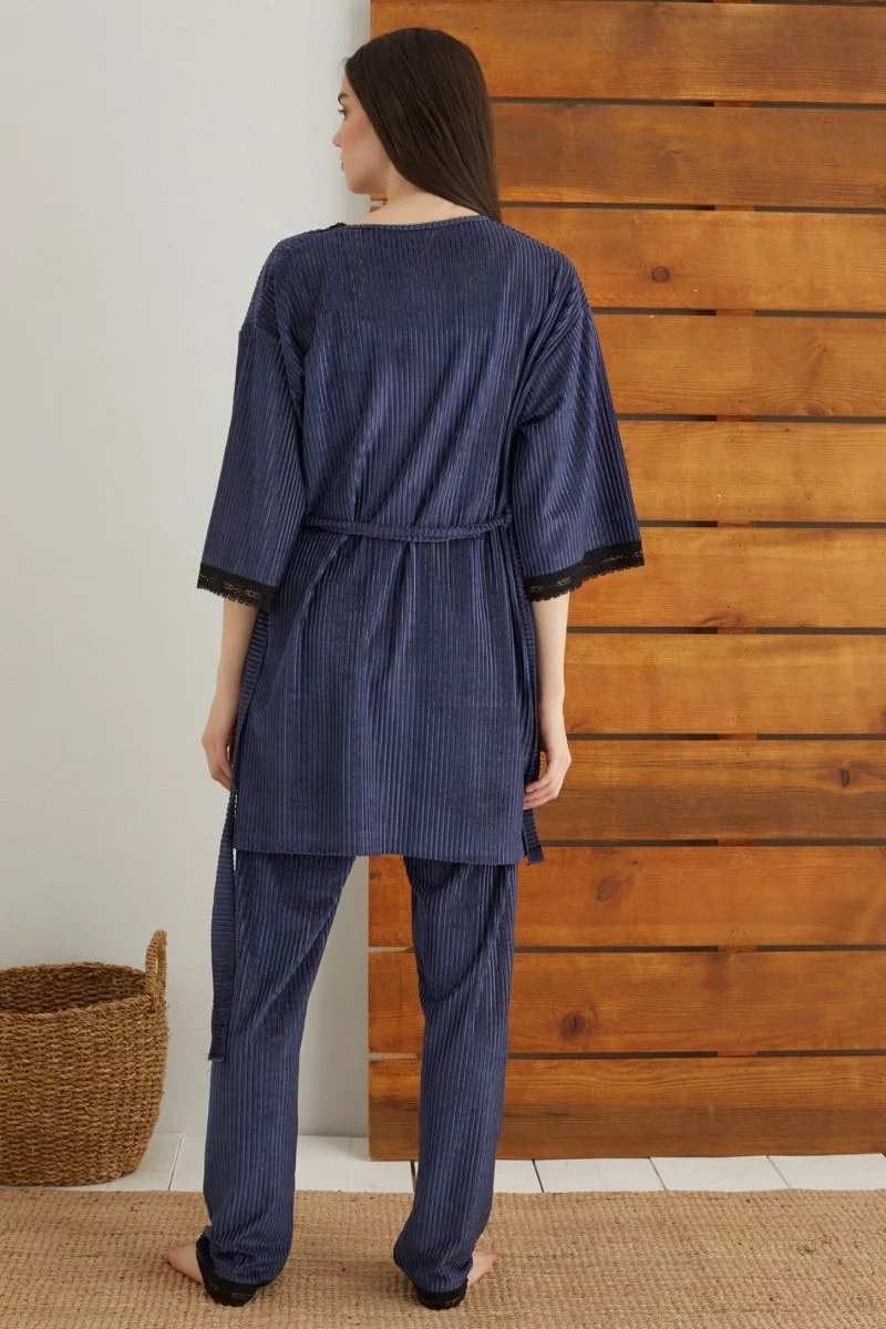 Γυναικεία velvet πιτζάμα με ρόμπα  siyah inci DARK BLUE