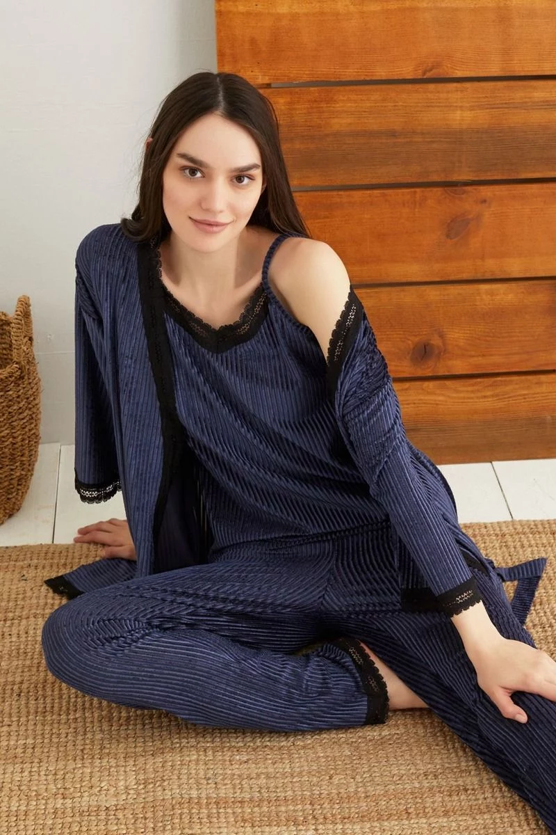 Γυναικεία velvet πιτζάμα με ρόμπα  siyah inci DARK BLUE