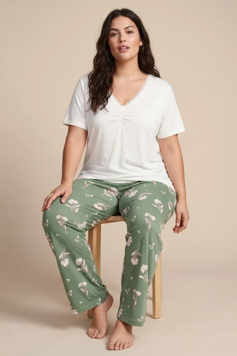 Γυναικεία Πιτζάμα Plus Size μπλούζα με σούρα και δαντέλα πράσινο παντελόνι