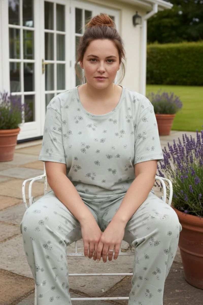 Γυναικεία Plus Size Πιτζάμα καλοκαιρινή ριπ πράσινη με λουλουδάκια