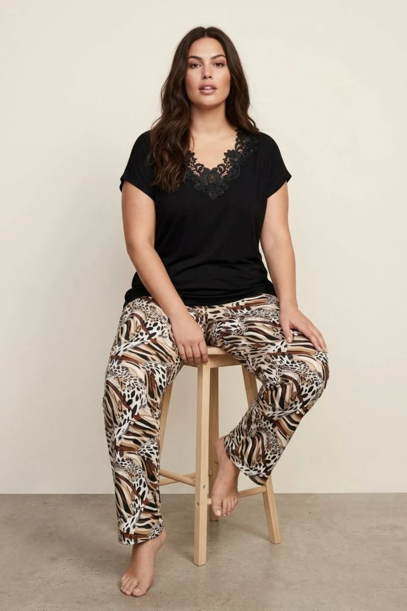 Γυναικεία Πιτζάμα Plus Size κοντομάνικη με δαντέλα λεοπάρ βισκόζη