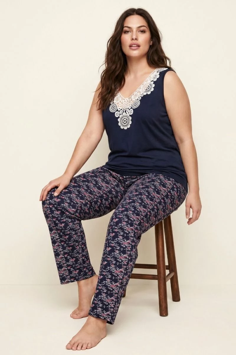 Γυναικεία Πιτζάμα Plus Size φαρδιά τιράντα με κέντημα εμπριμέ βισκόζη