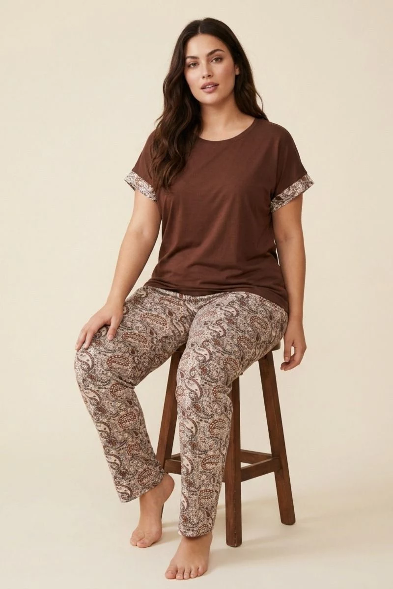 Γυναικεία Πιτζάμα Plus Size εμπριμέ κοντομάνικη καλοκαιρινή βισκόζη