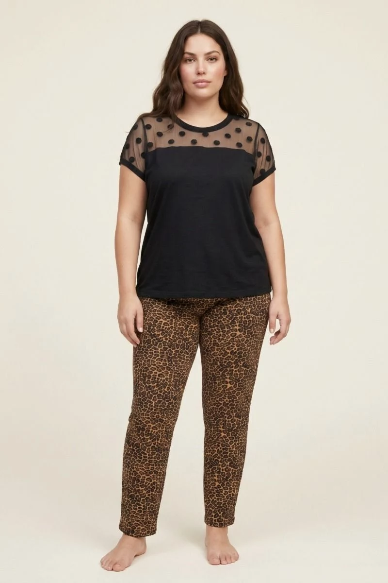 Γυναικεία Πιτζάμα Plus Size λεοπάρ κοντομάνικη με διαφάνεια βισκόζη