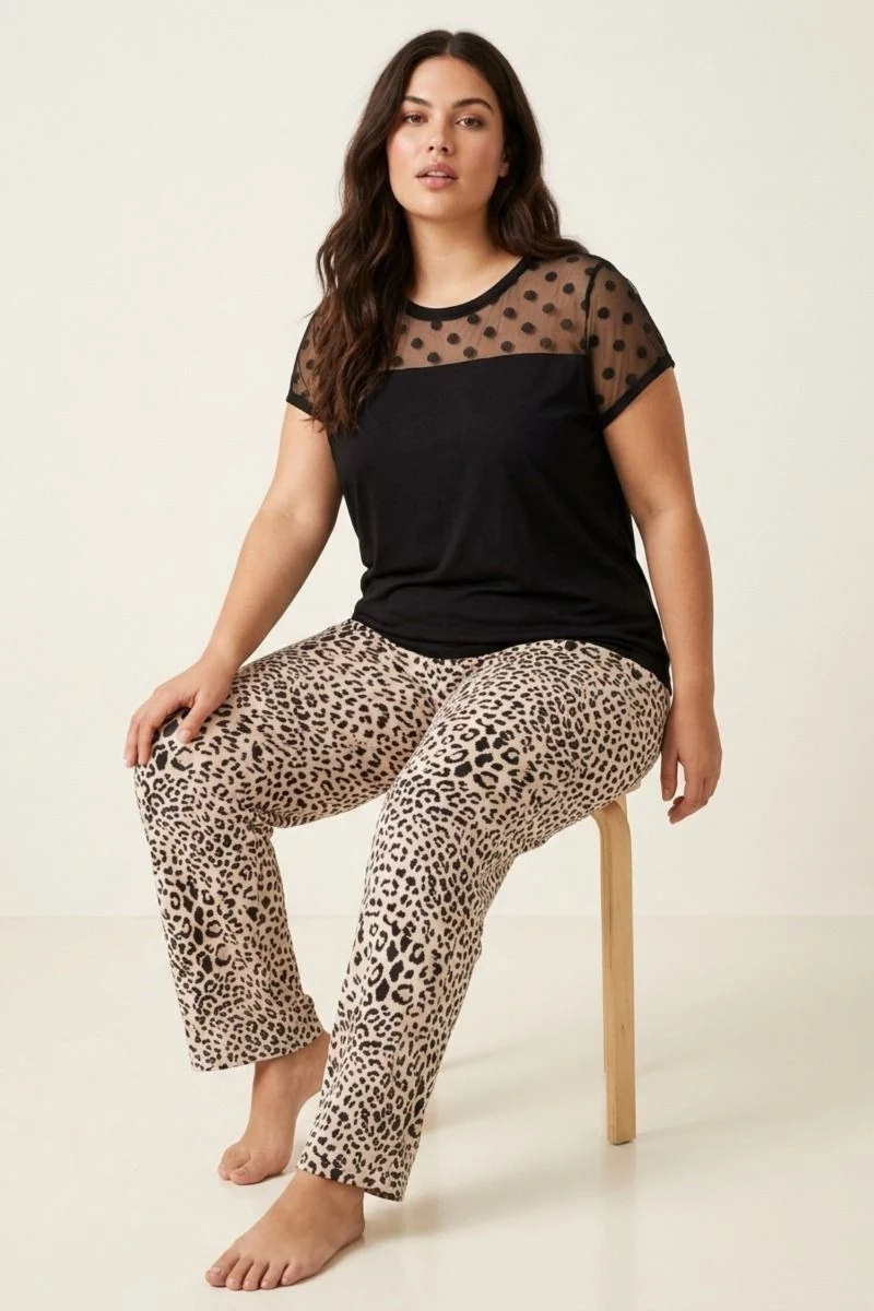Γυναικεία Πιτζάμα Plus Size λεοπάρ μπλούζα με διαφάνεια βισκόζη