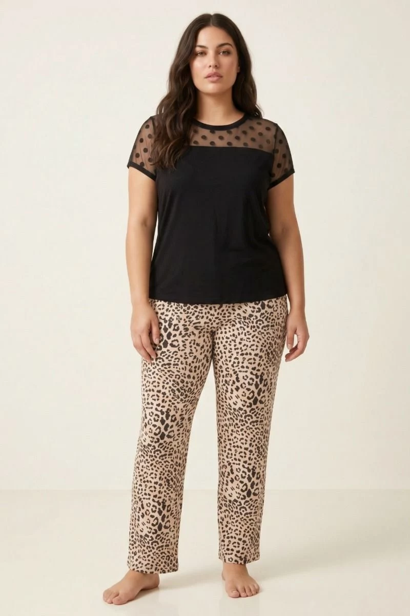 Γυναικεία Πιτζάμα Plus Size λεοπάρ μπλούζα με διαφάνεια βισκόζη