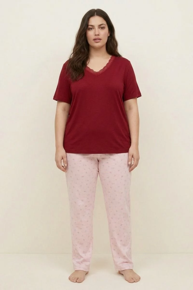 Γυναικεία Πιτζάμα Plus Size μπορντό με λουλουδάκια και δαντέλα βισκόζη