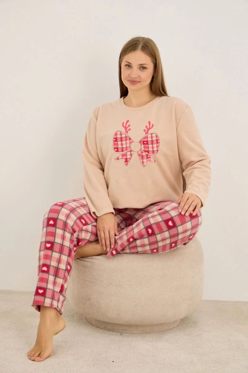 Πιτζάμα Plus Size Fleece "Siyah Inci" PINK DEER
