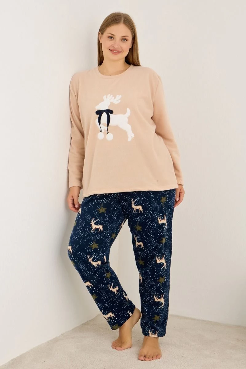 Γυναικεία Πιτζάμα Plus Size Fleece μπλε με μπεζ και ταράνδους